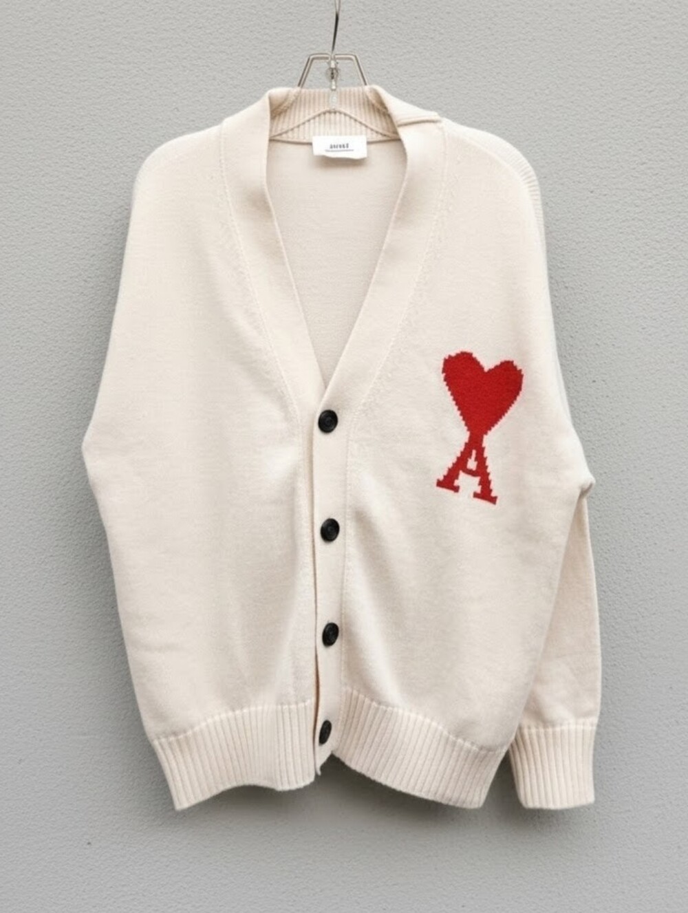 AMI Paris Alexandre Mattiussi Luxe Cream Cardigan with Red Heart 'A'